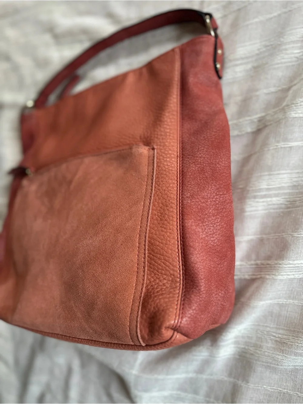 MODA LUXE Coral Red Pebbled Leather & Suede Slouchy Hobo Bag NWOT